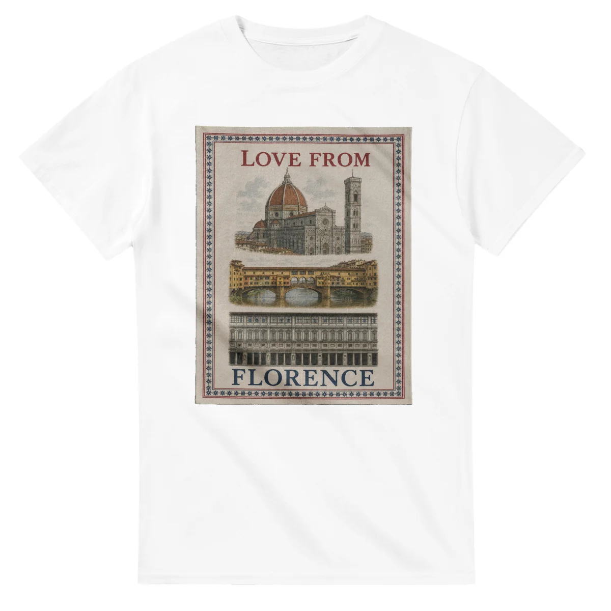 Framed scenic design for Florence, with several local views, a decorative border and LOVE FROM lettering.