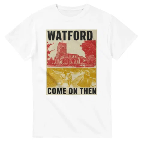 Two-colour scenic illustration for Watford, with the place name and COME ON THEN lettering.