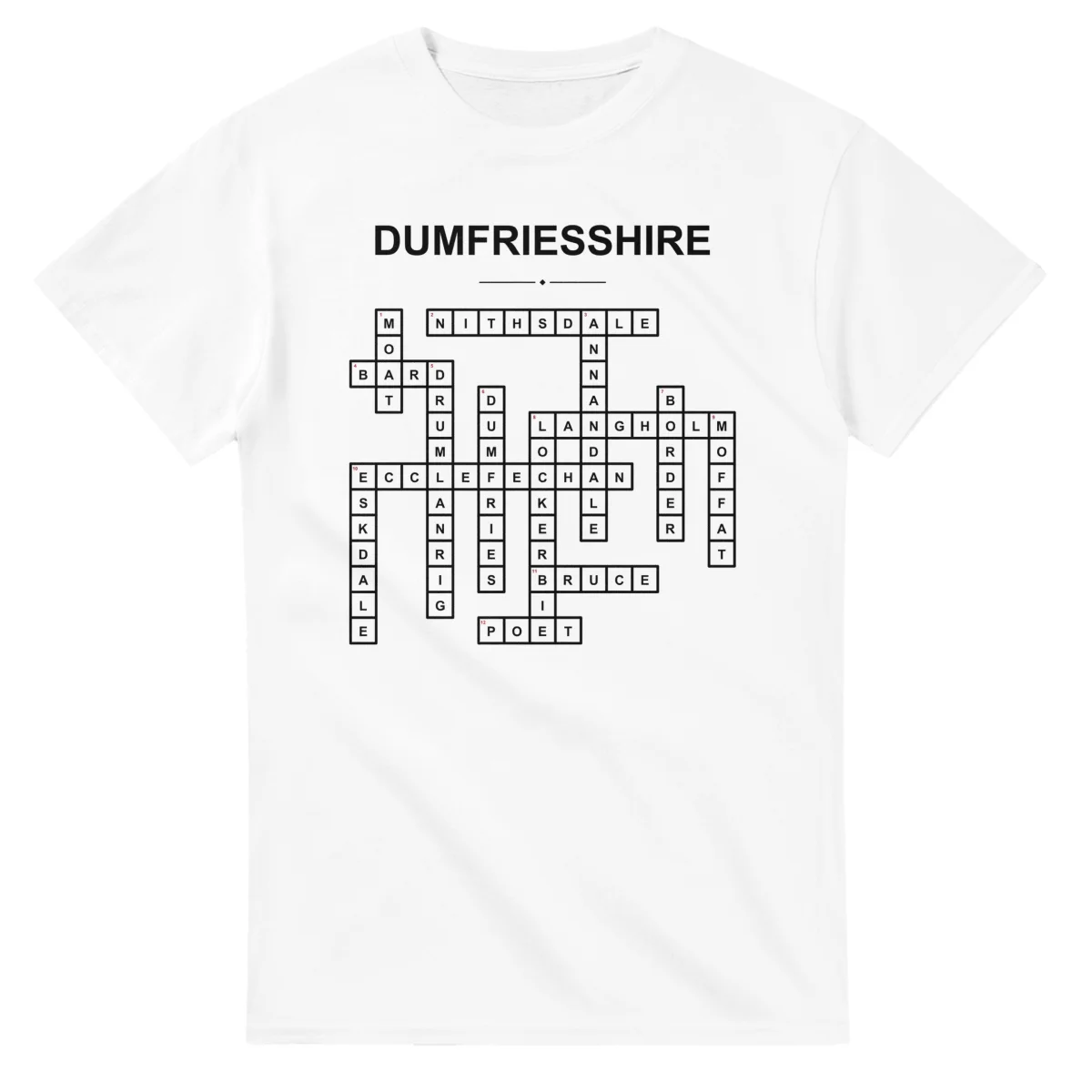 Monochrome crossword sheet for Dumfriesshire, with a large place-name heading, a letter grid, and numbered across and down clues.