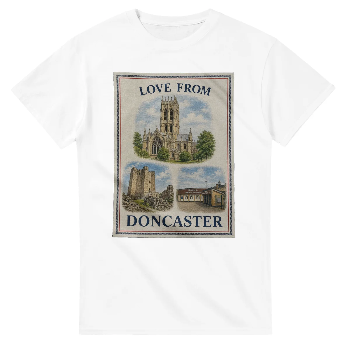 Framed scenic design for Doncaster, with several local views, a decorative border and LOVE FROM lettering.