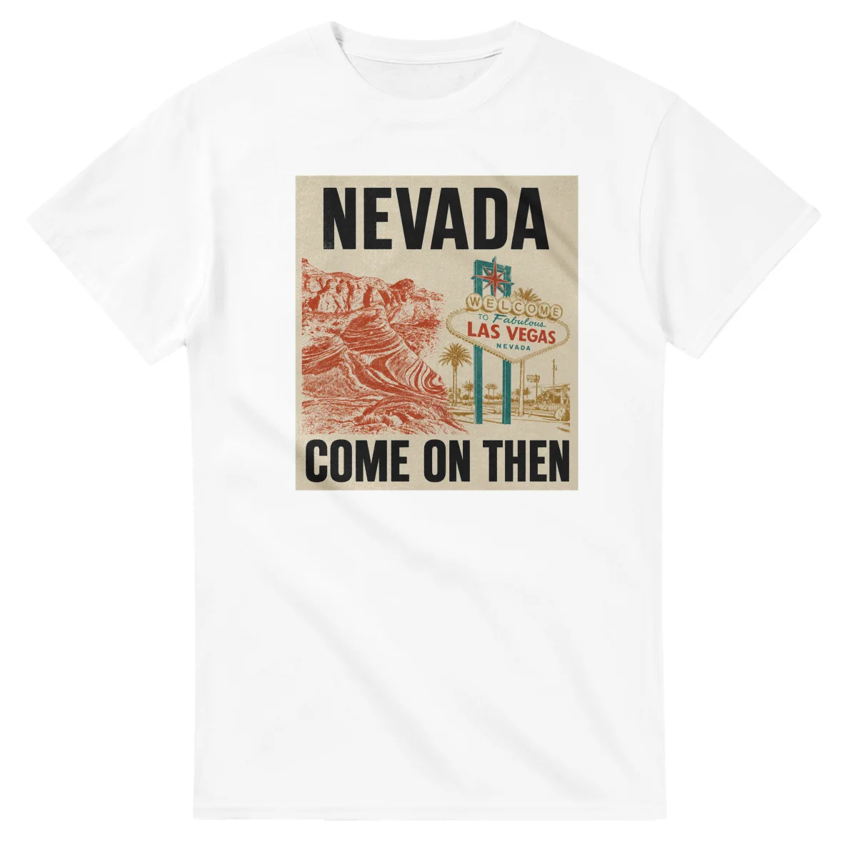 Two-colour scenic illustration for Nevada, with the place name and COME ON THEN lettering.