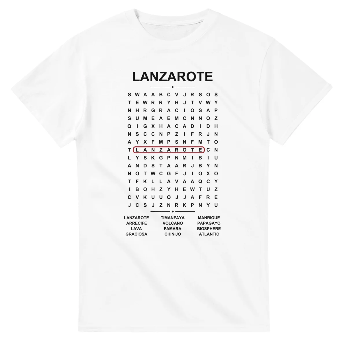 Word-search sheet for Lanzarote, with a large place-name heading, a letter grid, a local answer list, and a red highlighted example word.
