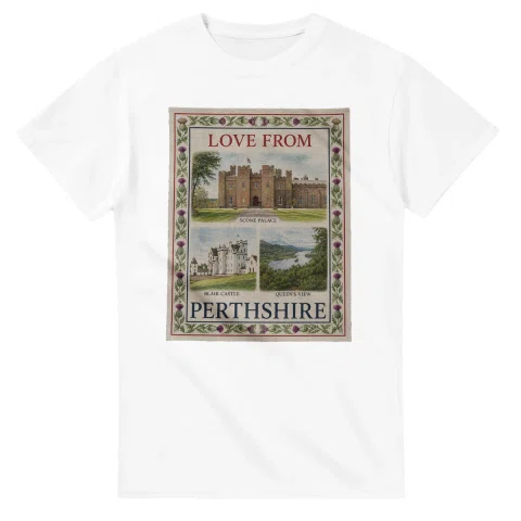 Framed scenic design for Perthshire, with several local views, a decorative border and LOVE FROM lettering.