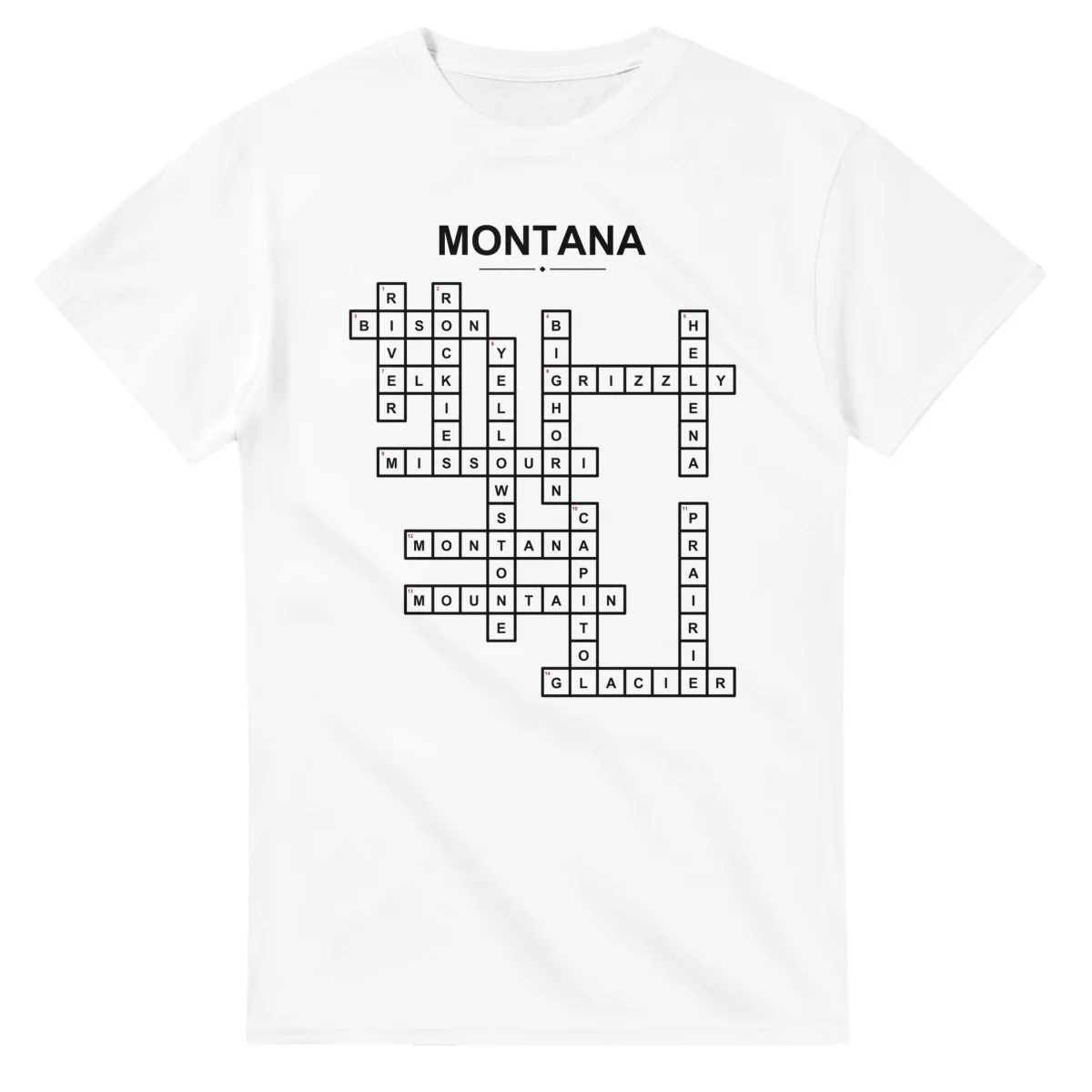 Monochrome crossword sheet for Montana, with a large place-name heading, a letter grid, and numbered across and down clues.