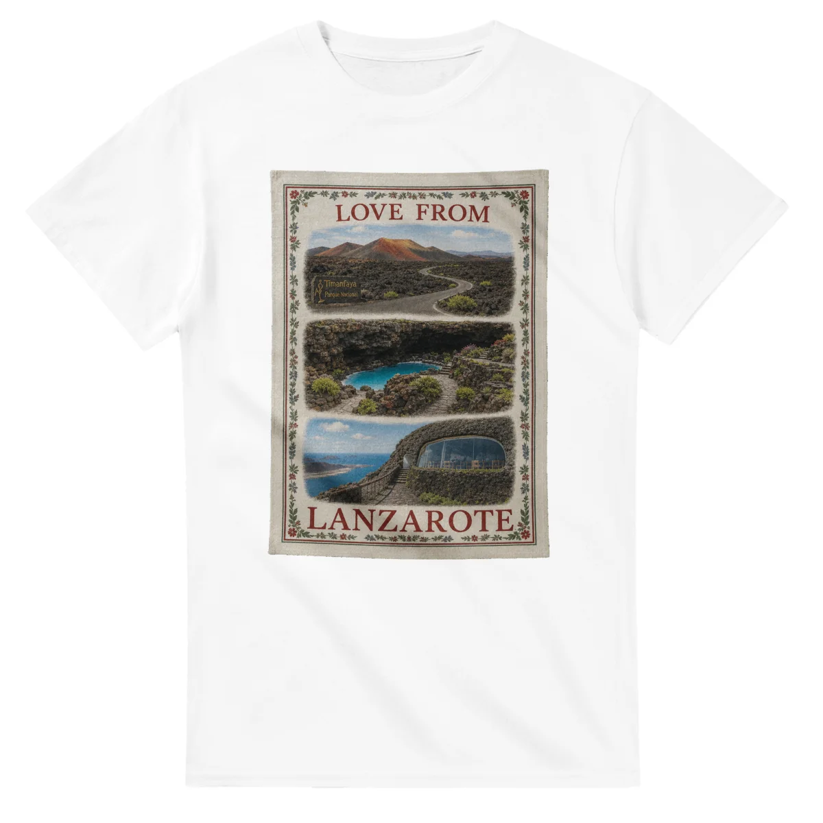 Framed scenic design for Lanzarote, with several local views, a decorative border and LOVE FROM lettering.