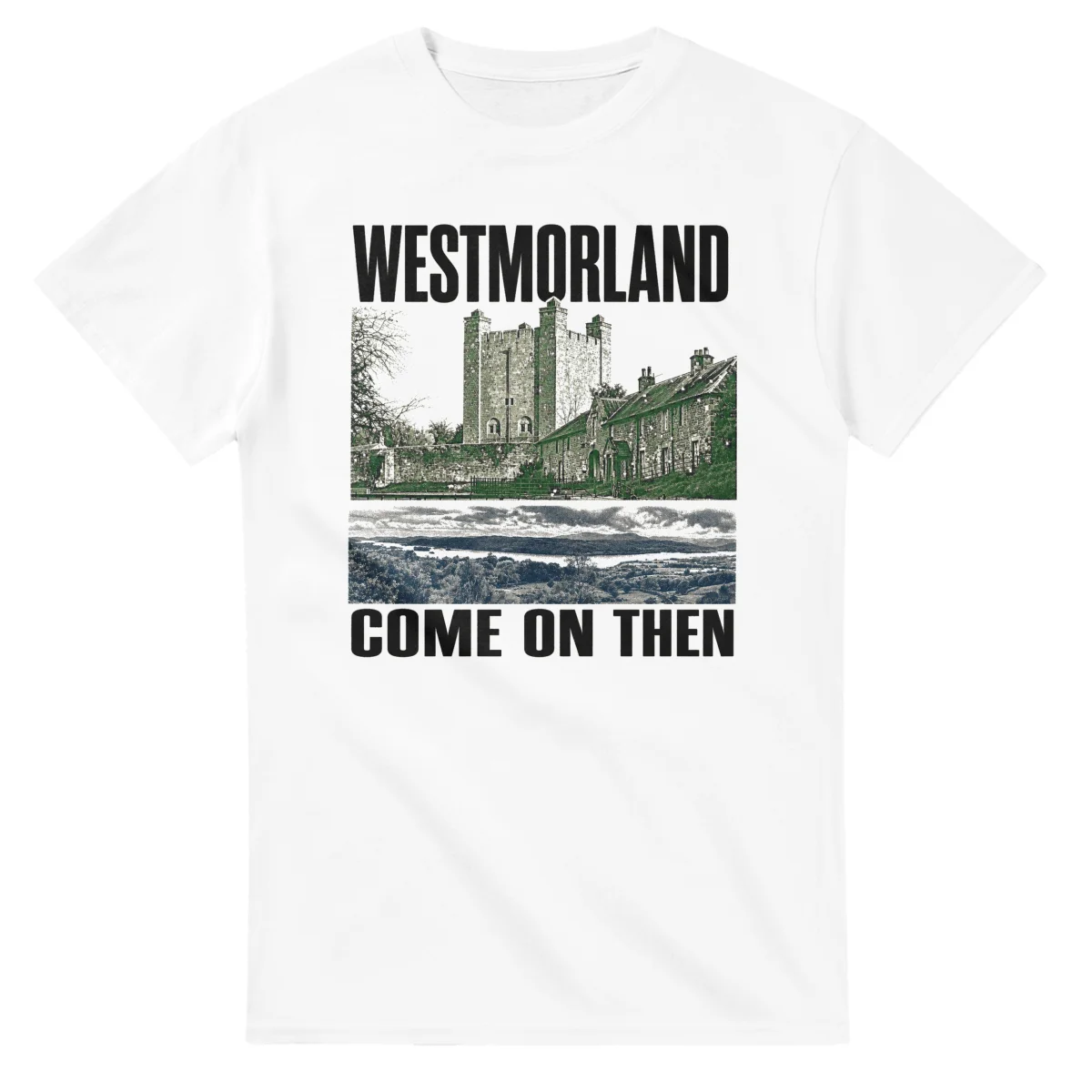 Two-colour scenic illustration for Westmorland, with the place name and COME ON THEN lettering.