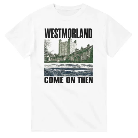 Two-colour scenic illustration for Westmorland, with the place name and COME ON THEN lettering.