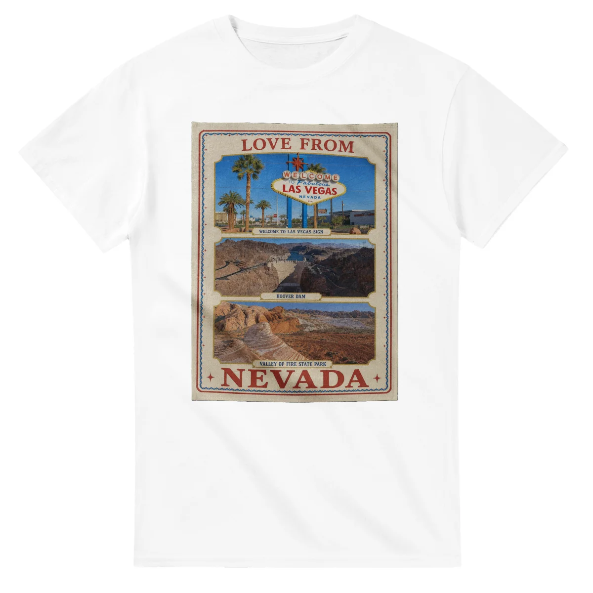 Framed scenic design for Nevada, with several local views, a decorative border and LOVE FROM lettering.