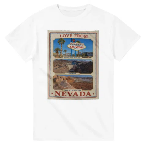Framed scenic design for Nevada, with several local views, a decorative border and LOVE FROM lettering.
