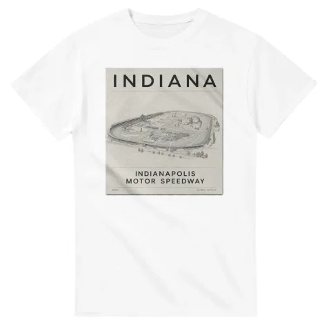 Fine-line engraving-style drawing for Indiana, with a landmark caption and small coordinate text.