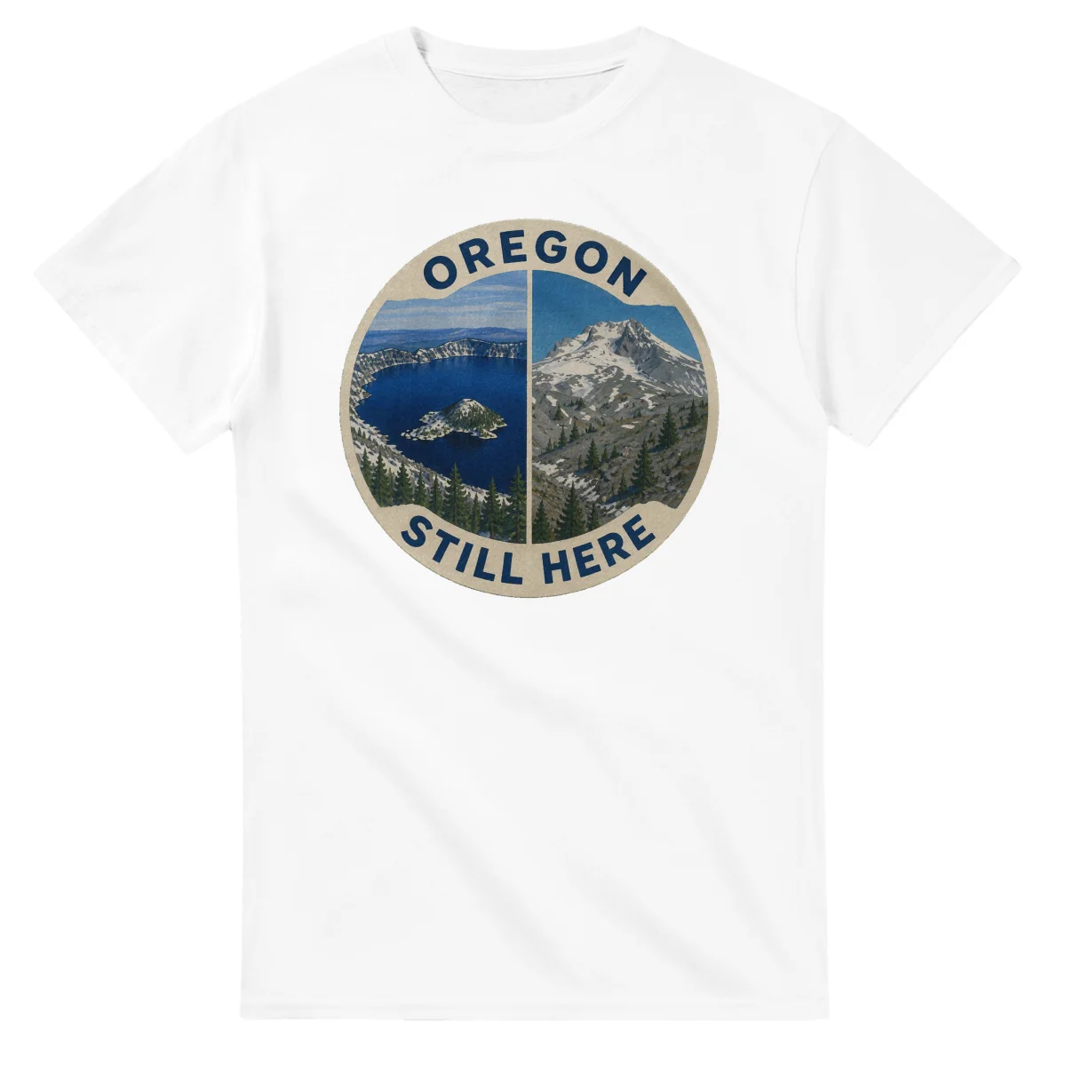 Painted, panelled scenic illustration for Oregon, with paired local scenes and the place name in lettering.