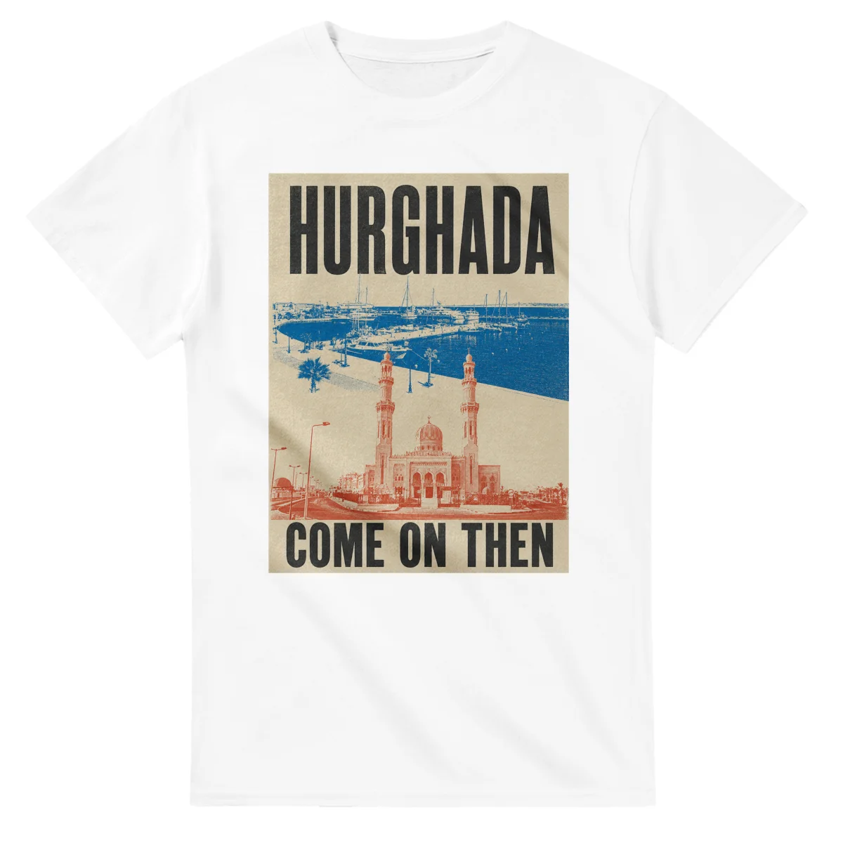 Two-colour scenic illustration for Hurghada, with the place name and COME ON THEN lettering.