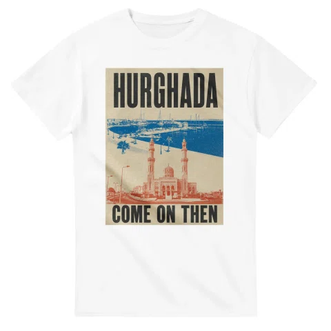 Two-colour scenic illustration for Hurghada, with the place name and COME ON THEN lettering.