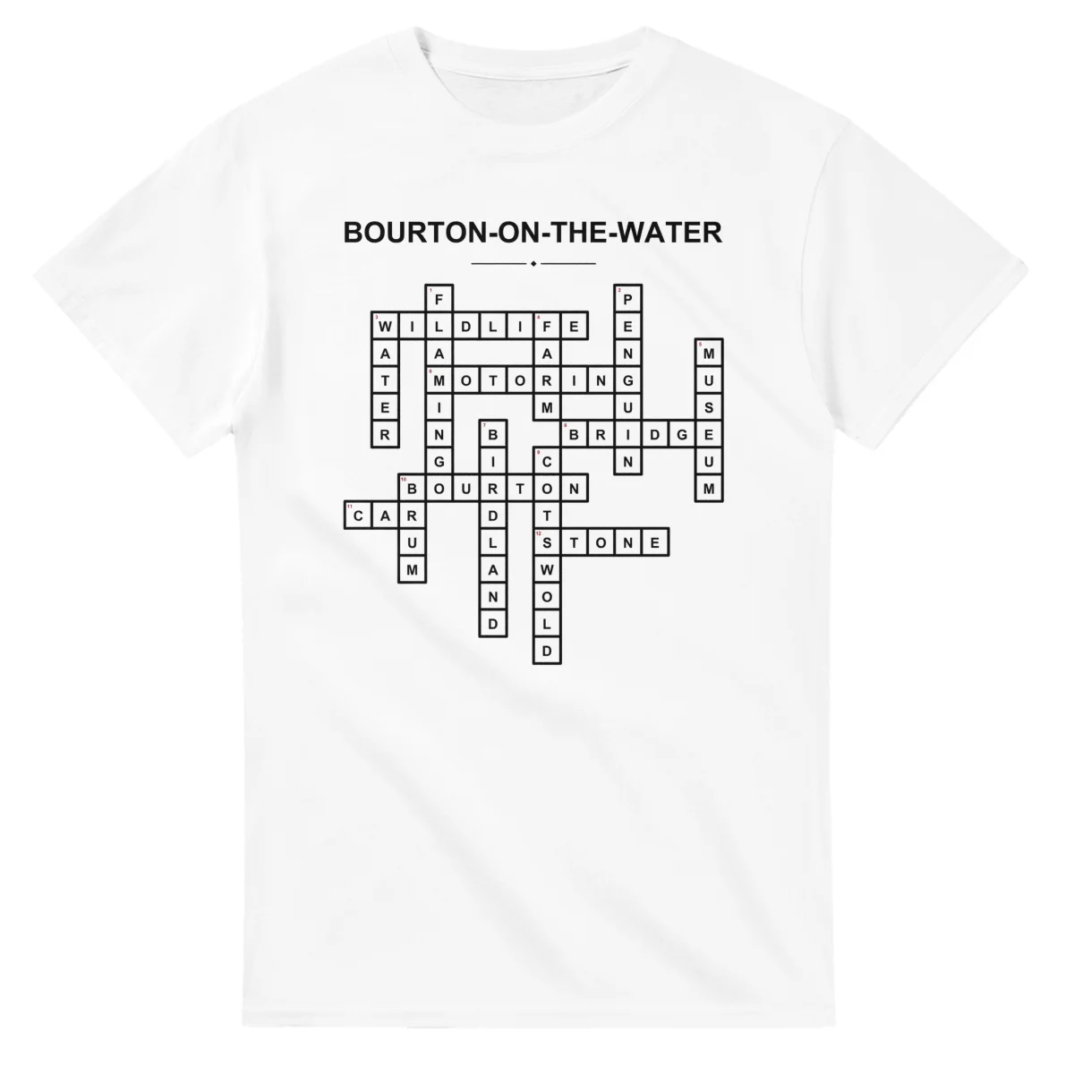 Monochrome crossword sheet for Bourton-on-the-Water, with a large place-name heading, a letter grid, and numbered across and down clues.