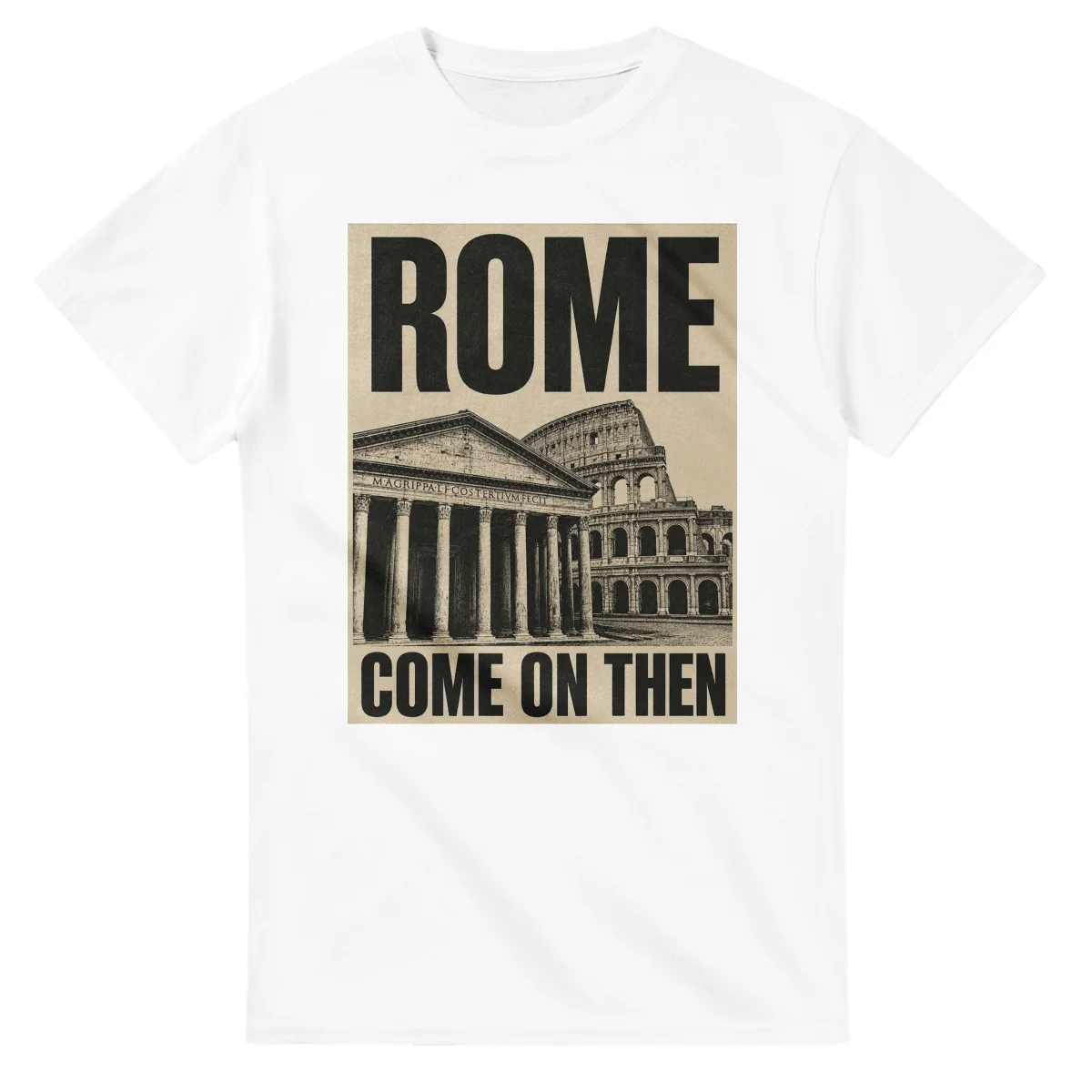 Two-colour scenic illustration for Rome, with the place name and COME ON THEN lettering.