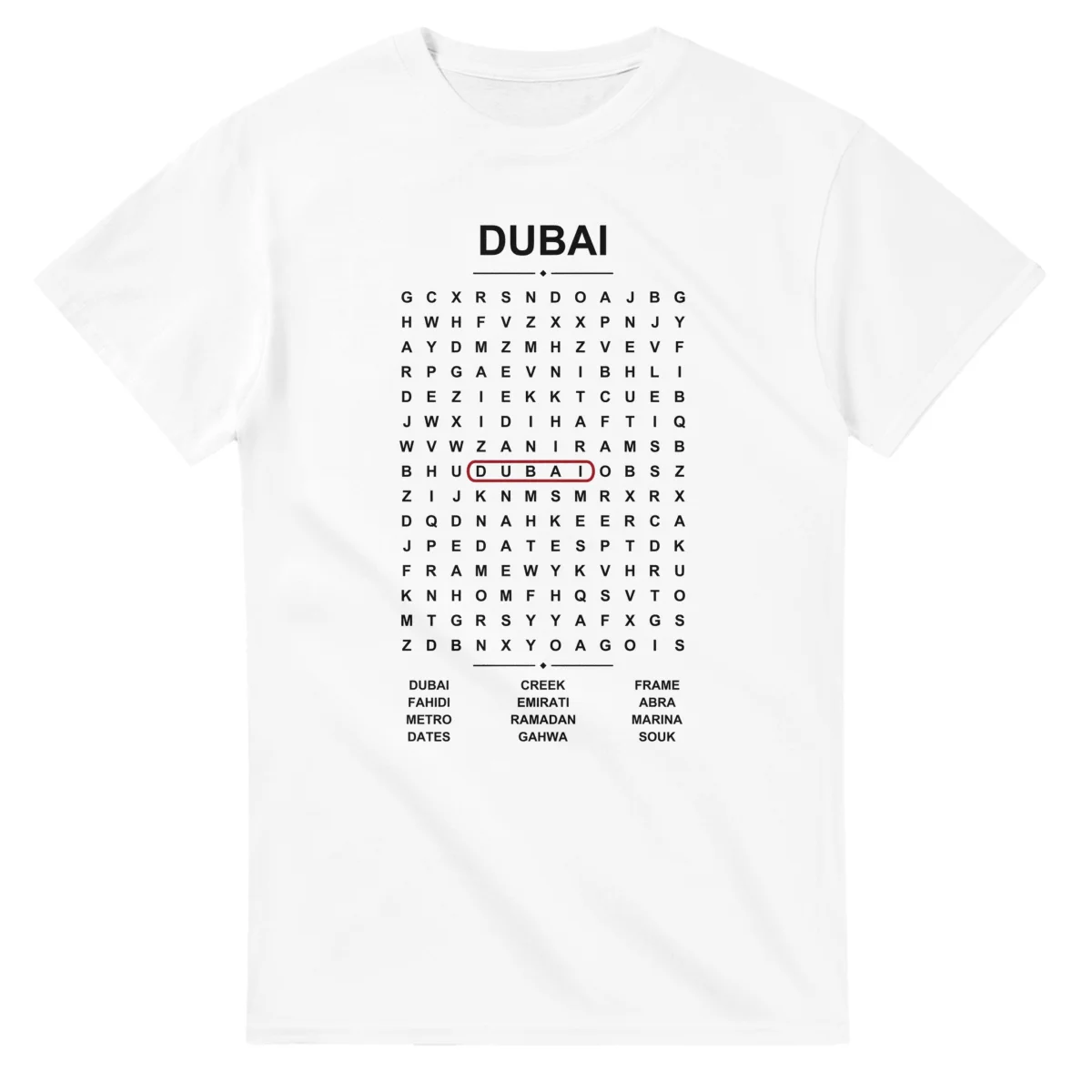 Word-search sheet for Dubai, with a large place-name heading, a letter grid, a local answer list, and a red highlighted example word.