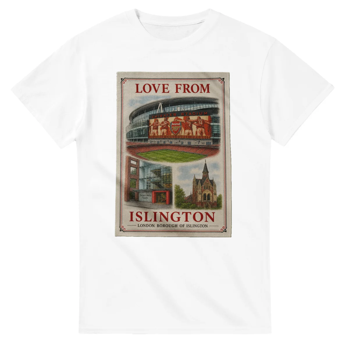 Framed scenic design for London Borough of Islington, with several local views, a decorative border and LOVE FROM lettering.