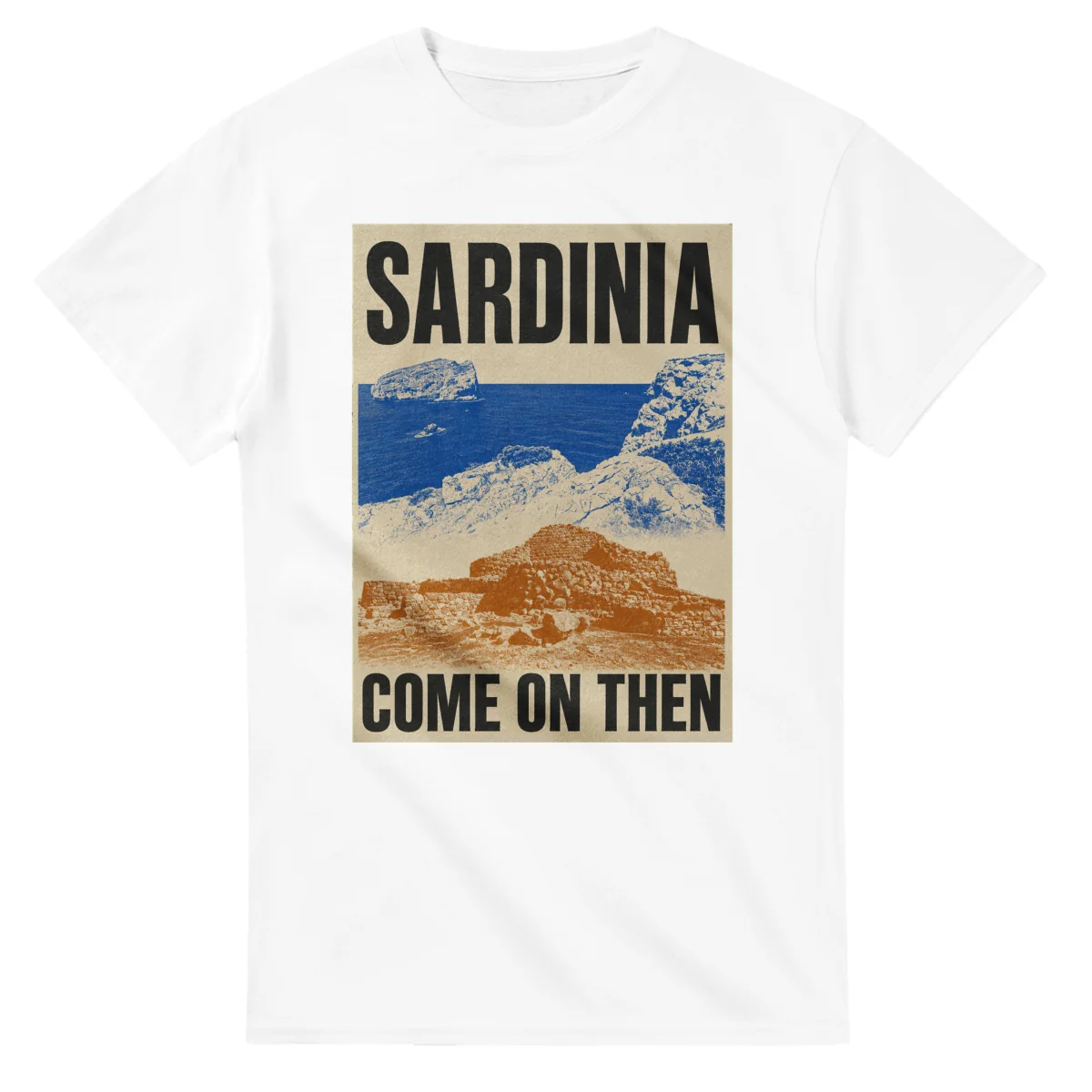 Two-colour scenic illustration for Sardinia, with the place name and COME ON THEN lettering.