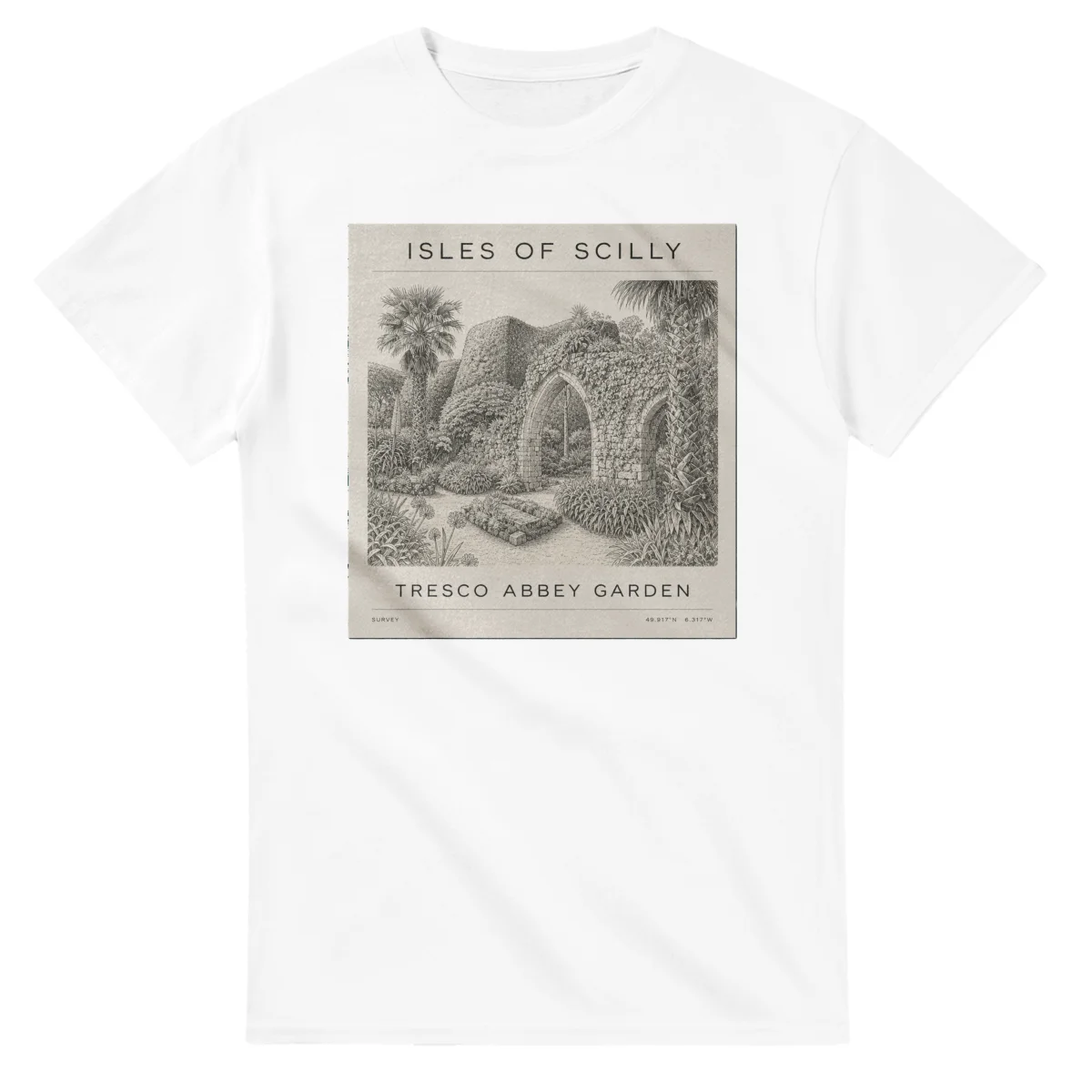 Fine-line engraving-style drawing for Isles of Scilly, with a landmark caption and small coordinate text.