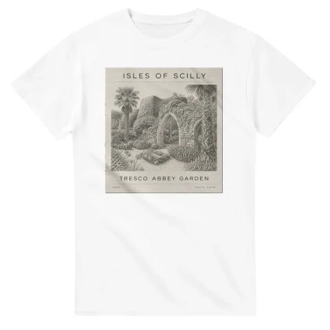 Fine-line engraving-style drawing for Isles of Scilly, with a landmark caption and small coordinate text.