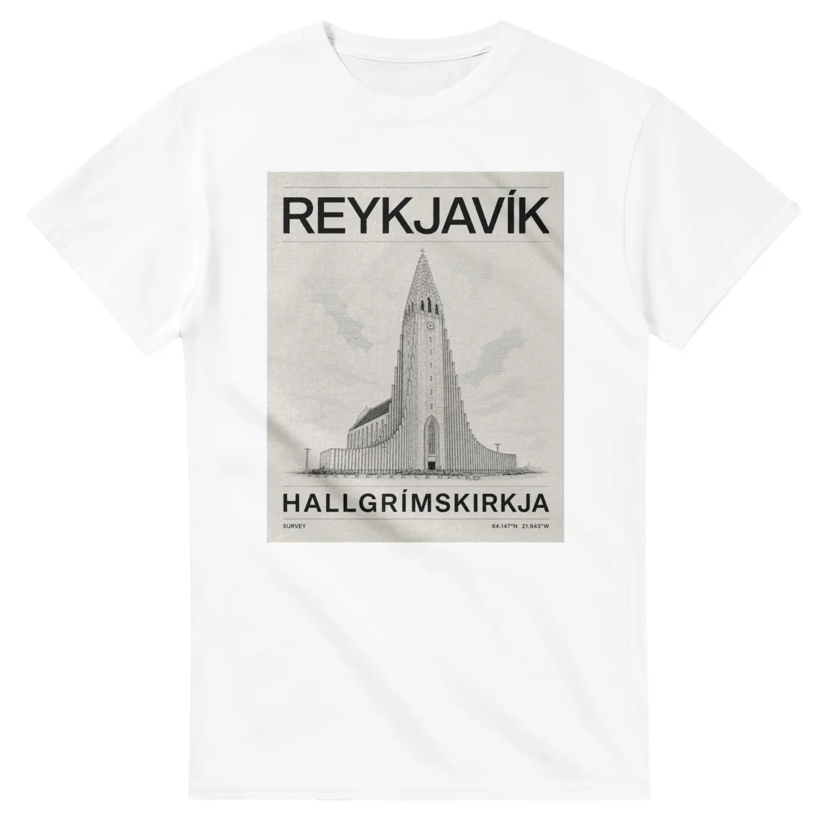 Fine-line engraving-style drawing for Reykjavík, with a landmark caption and small coordinate text.
