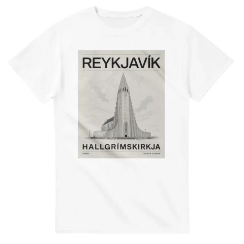 Fine-line engraving-style drawing for Reykjavík, with a landmark caption and small coordinate text.