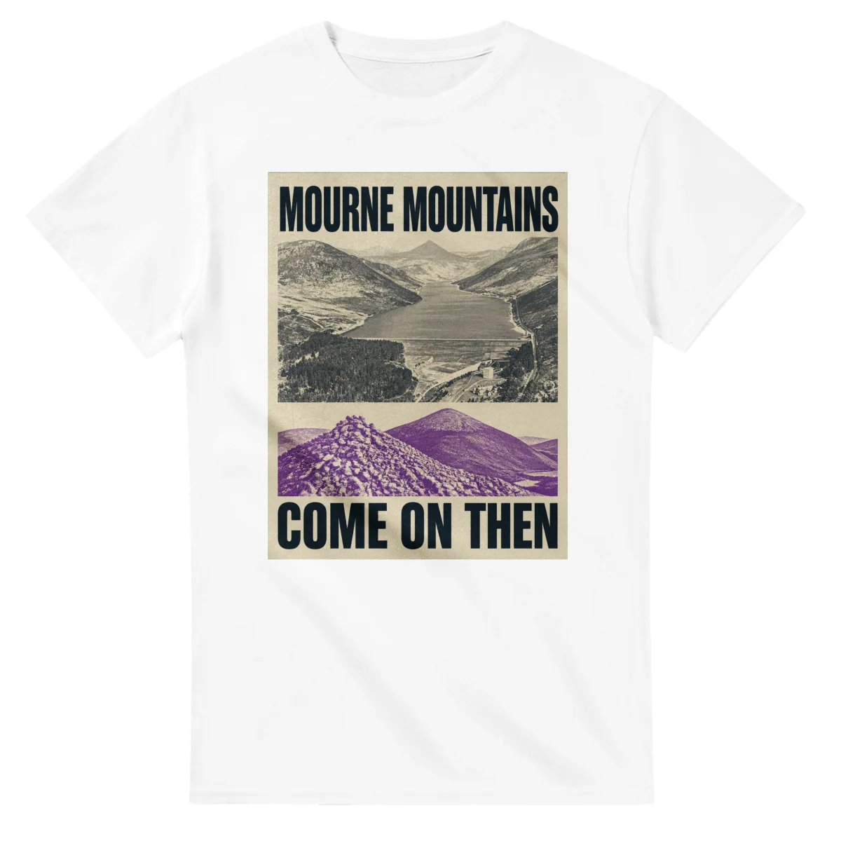 Two-colour scenic illustration for Mourne Mountains, with the place name and COME ON THEN lettering.