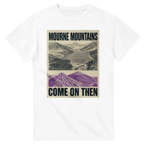 Two-colour scenic illustration for Mourne Mountains, with the place name and COME ON THEN lettering.