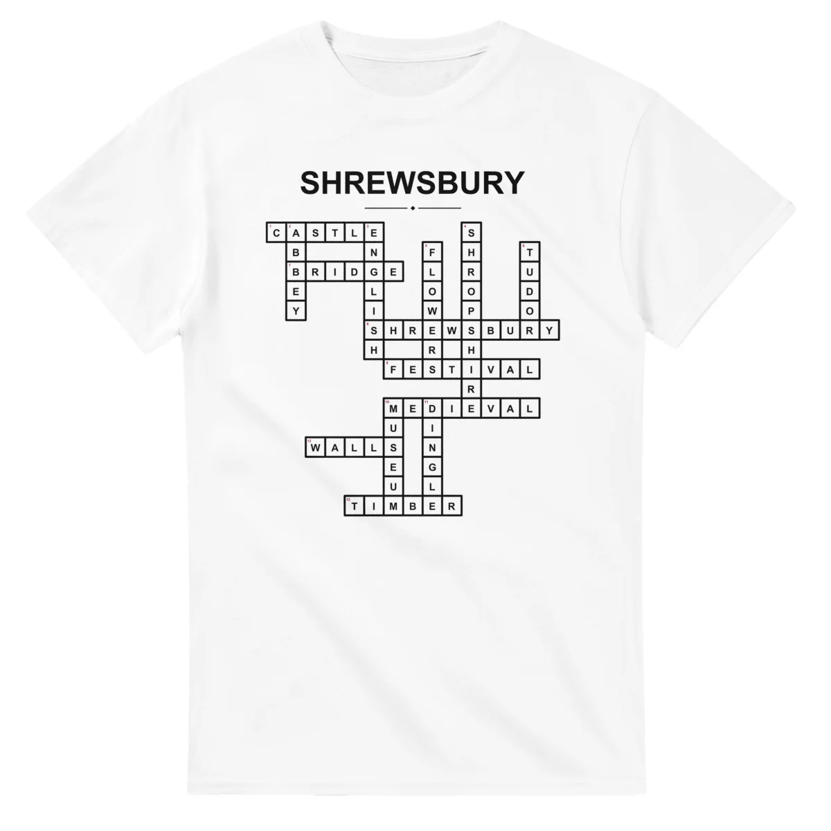 Monochrome crossword sheet for Shrewsbury, with a large place-name heading, a letter grid, and numbered across and down clues.