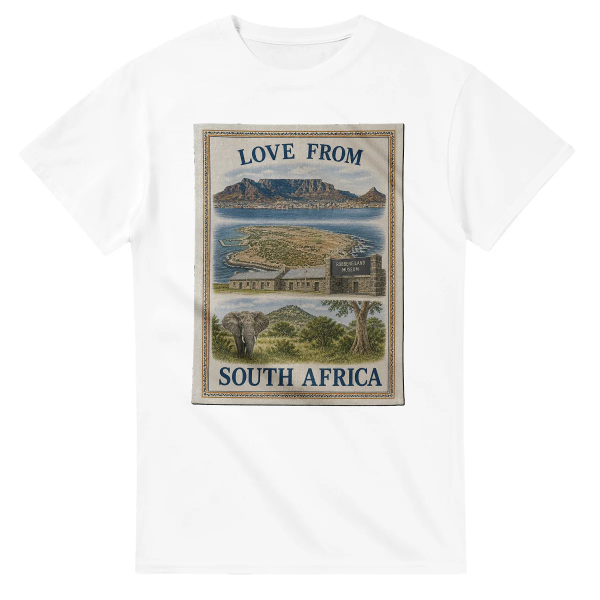 Framed scenic design for South Africa, with several local views, a decorative border and LOVE FROM lettering.
