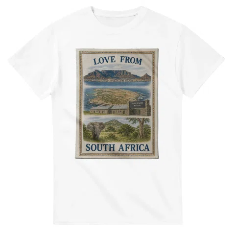 Framed scenic design for South Africa, with several local views, a decorative border and LOVE FROM lettering.