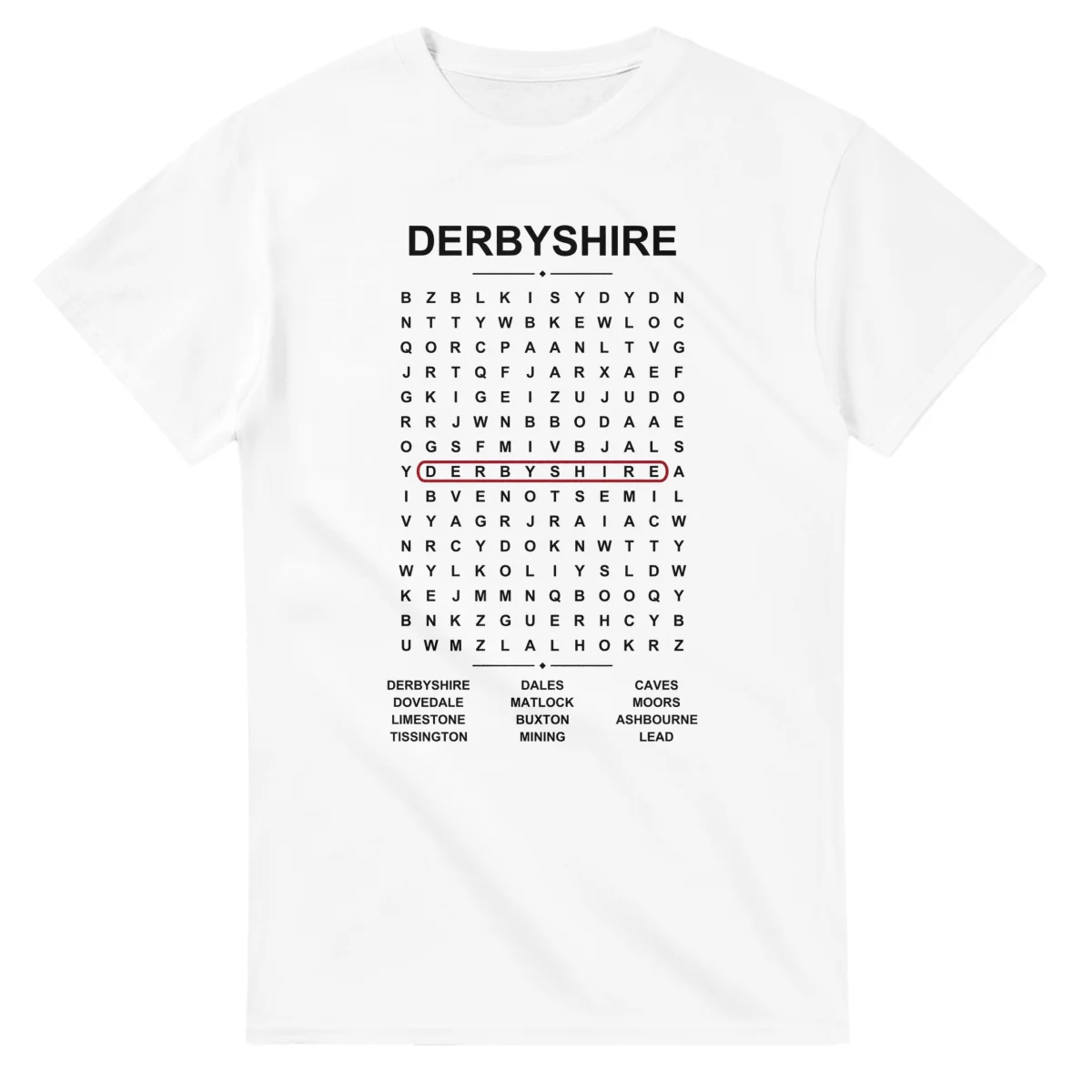 Word-search sheet for Derbyshire, with a large place-name heading, a letter grid, a local answer list, and a red highlighted example word.