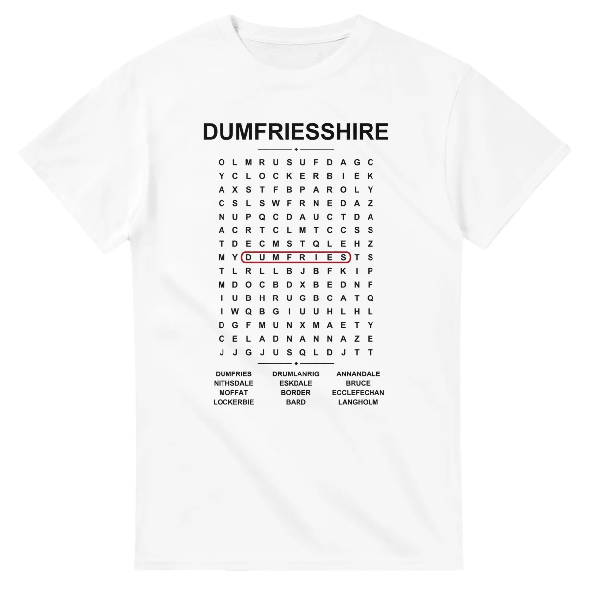 Word-search sheet for Dumfriesshire, with a large place-name heading, a letter grid, a local answer list, and a red highlighted example word.