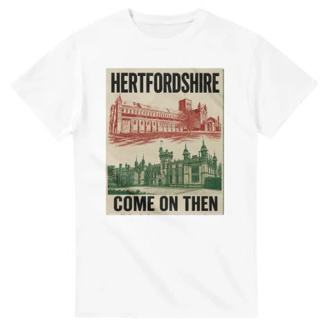 Two-colour scenic illustration for Hertfordshire, with the place name and COME ON THEN lettering.