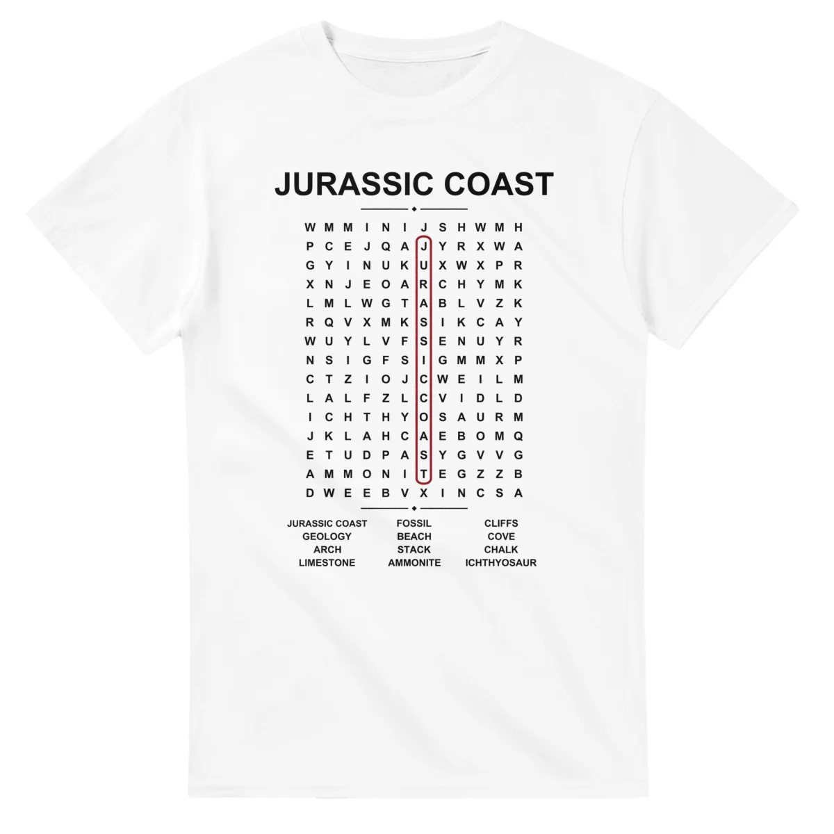 Word-search sheet for Jurassic Coast, with a large place-name heading, a letter grid, a local answer list, and a red highlighted example word.