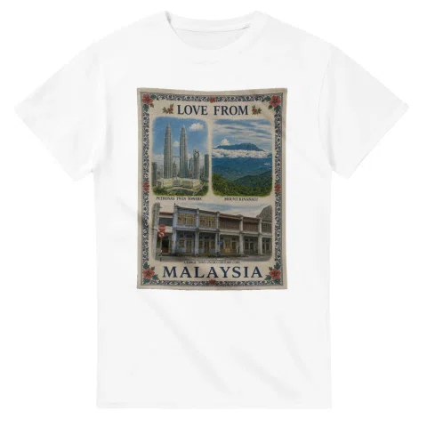 Framed scenic design for Malaysia, with several local views, a decorative border and LOVE FROM lettering.