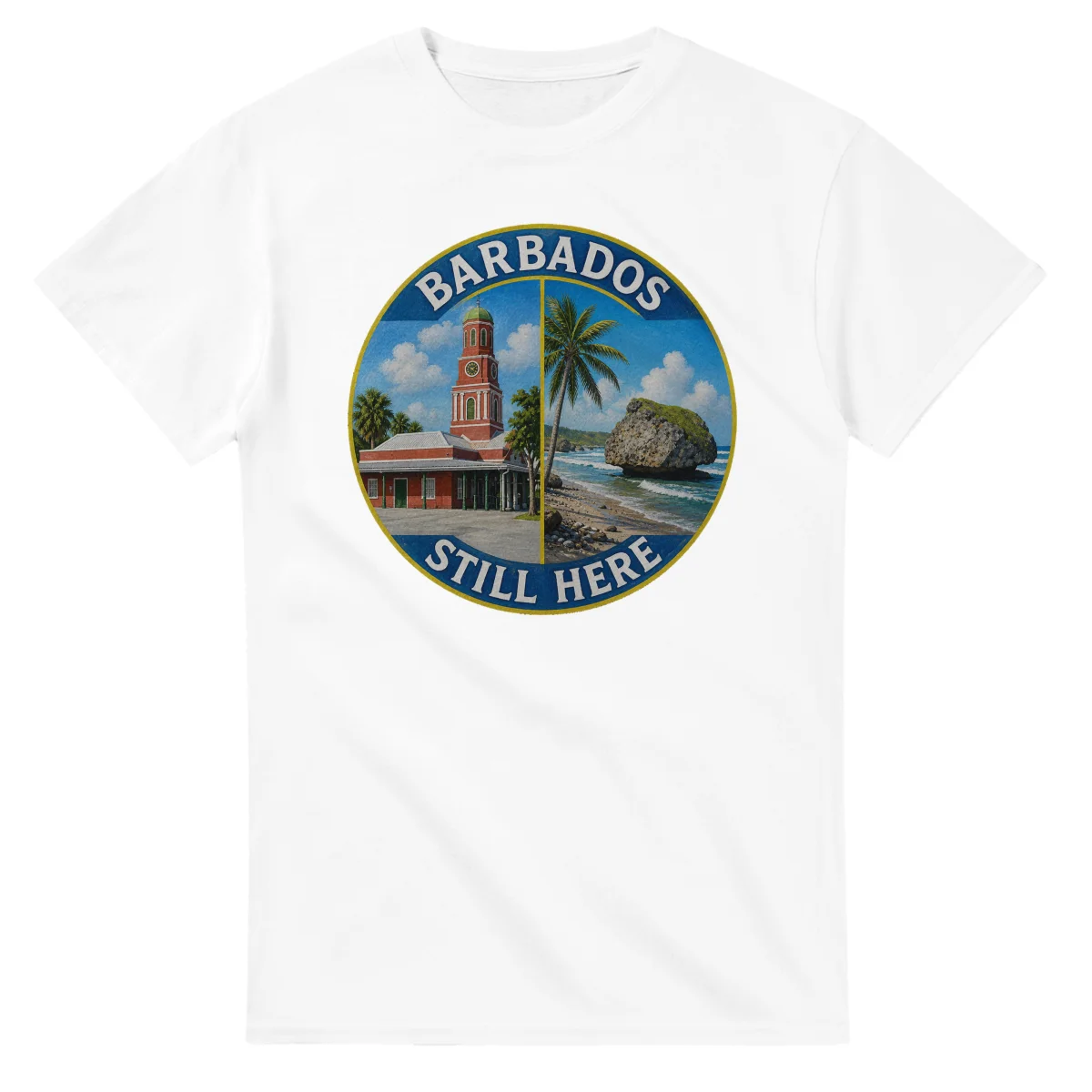 Painted, panelled scenic illustration for Barbados, with paired local scenes and the place name in lettering.