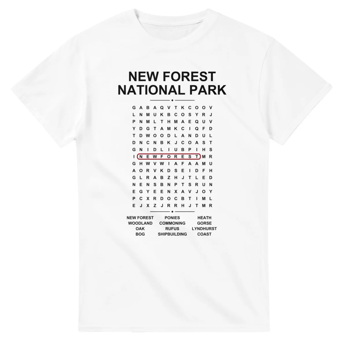 Word-search sheet for New Forest National Park, with a large place-name heading, a letter grid, a local answer list, and a red highlighted example word.