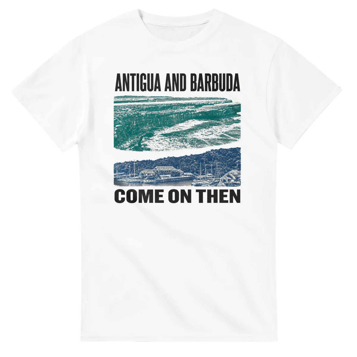Two-colour scenic illustration for Antigua and Barbuda, with the place name and COME ON THEN lettering.