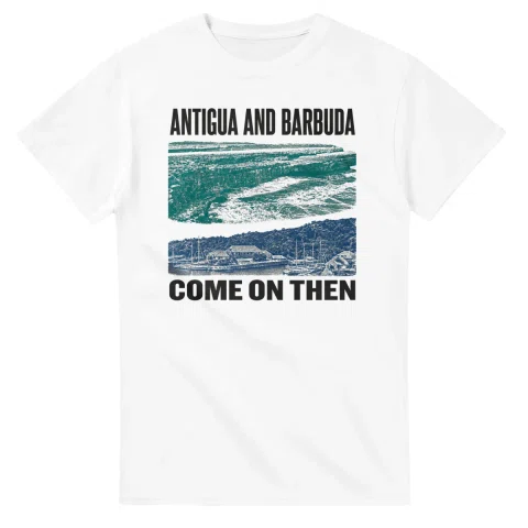 Two-colour scenic illustration for Antigua and Barbuda, with the place name and COME ON THEN lettering.