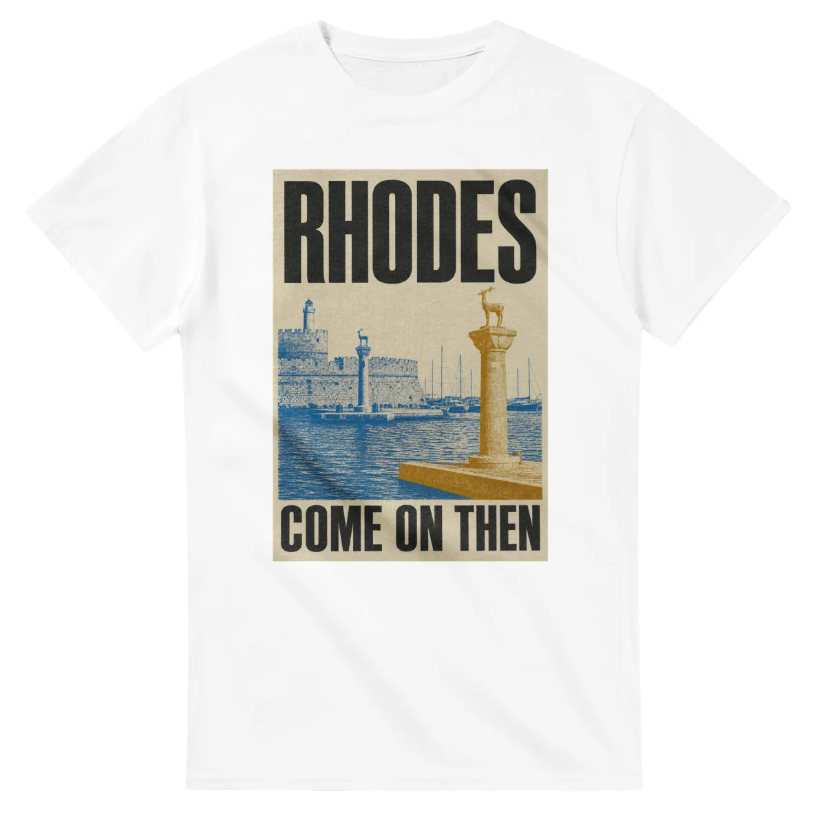 Two-colour scenic illustration for Rhodes, with the place name and COME ON THEN lettering.