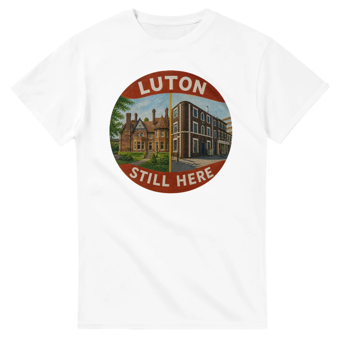 Painted, panelled scenic illustration for Luton, with paired local scenes and the place name in lettering.