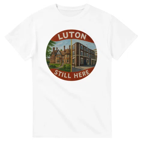 Painted, panelled scenic illustration for Luton, with paired local scenes and the place name in lettering.