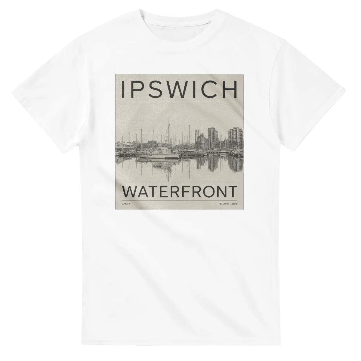 Fine-line engraving-style drawing for Ipswich, with a landmark caption and small coordinate text.
