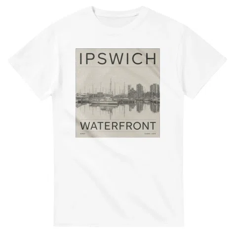 Fine-line engraving-style drawing for Ipswich, with a landmark caption and small coordinate text.