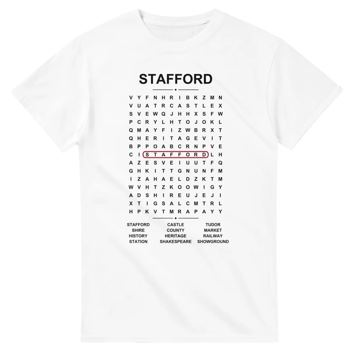 Word-search sheet for Stafford, with a large place-name heading, a letter grid, a local answer list, and a red highlighted example word.