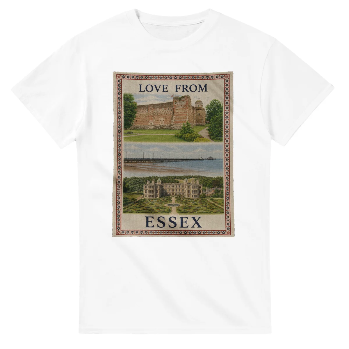 Framed scenic design for Essex, with several local views, a decorative border and LOVE FROM lettering.