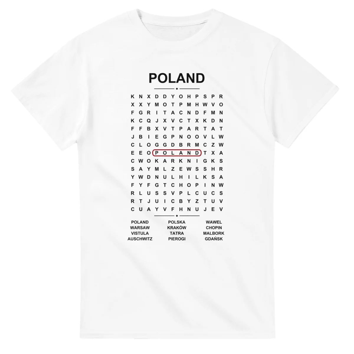 Word-search sheet for Poland, with a large place-name heading, a letter grid, a local answer list, and a red highlighted example word.