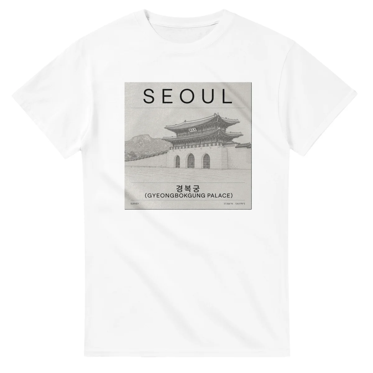 Fine-line engraving-style drawing for Seoul, with a landmark caption and small coordinate text.
