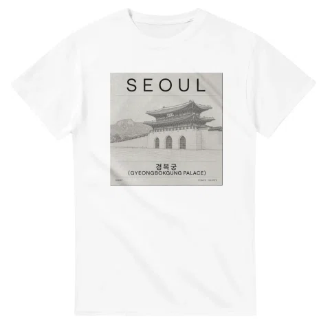 Fine-line engraving-style drawing for Seoul, with a landmark caption and small coordinate text.